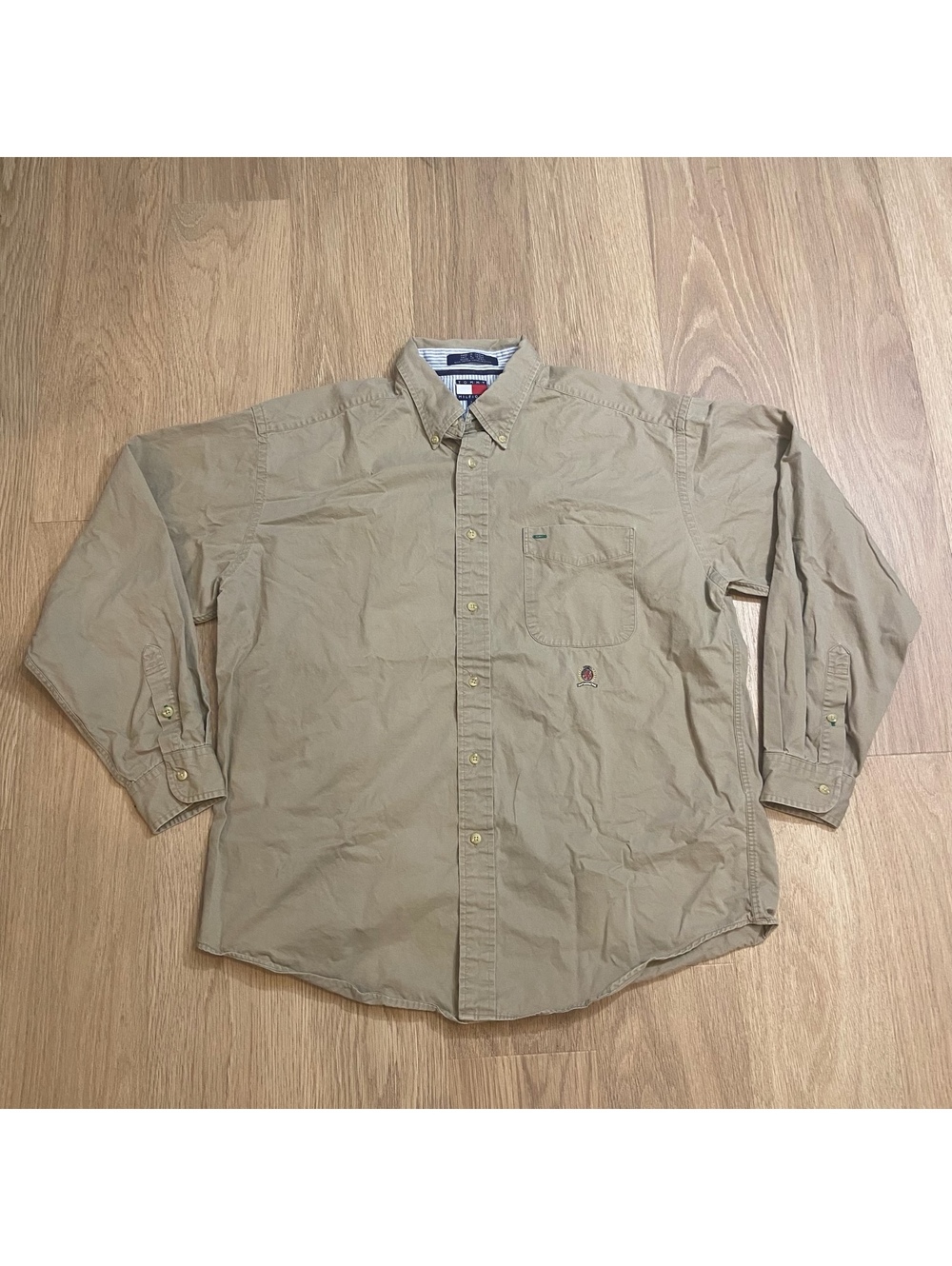 Tommy Hilfiger Men's Beige Long Sleeve Button-Up Shirt 100% Cotton Size L